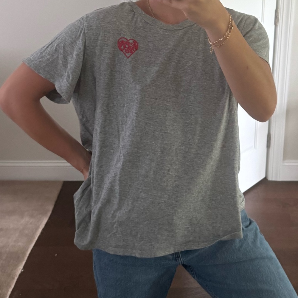 Gray T-Shirt with Red Heart Patch